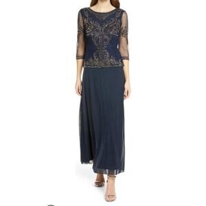 Pisarro Nights Bead Embellished Gown Maxi Dress Jewel Neck Blue Size 12 NWOT